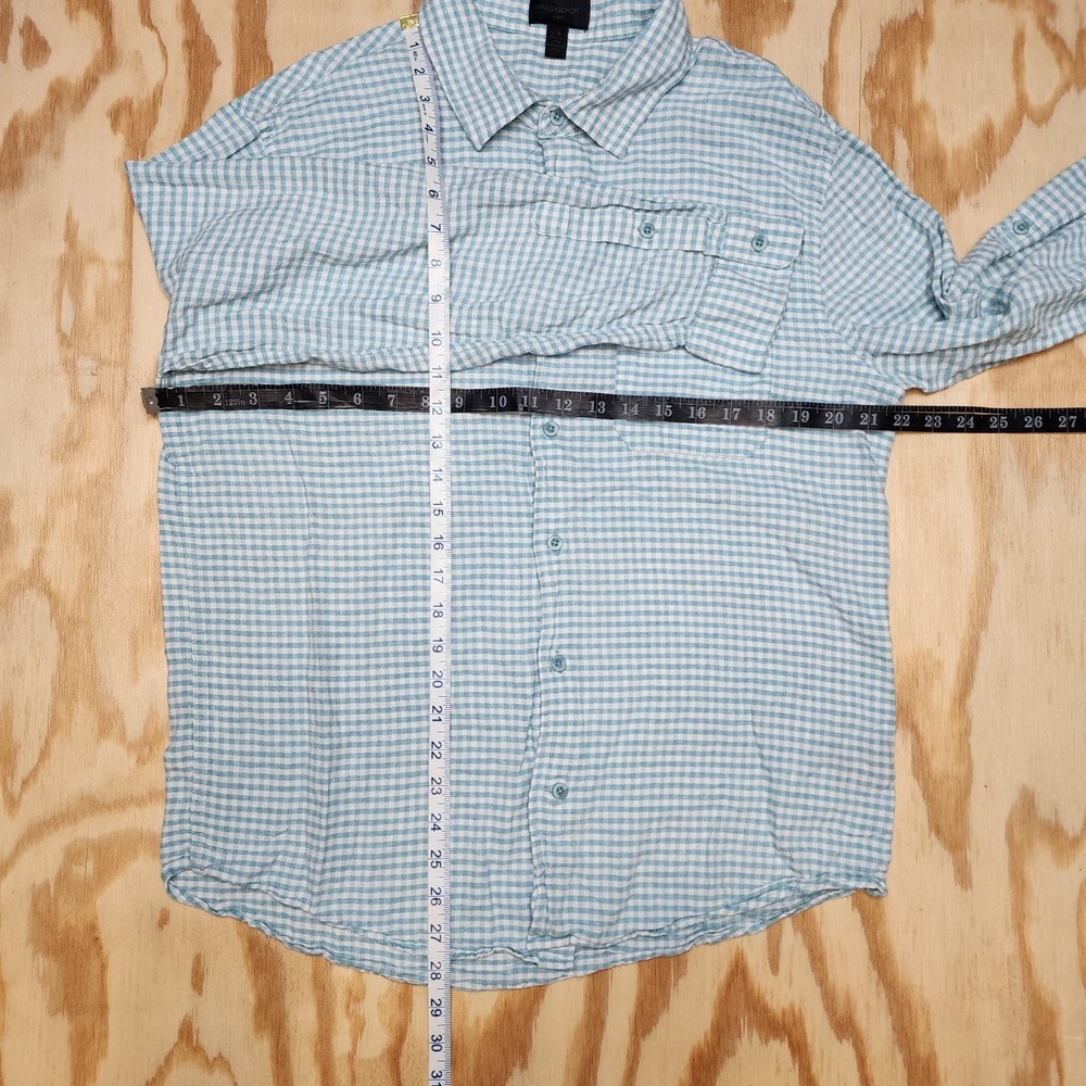 Magaschoni Mens L Blue Check Button Up Long Sleeve Shirt Linen Blend Roll Sleeve - Picture 7 of 7